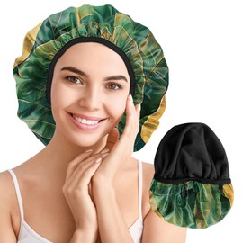 Cabreche Luxury Shower Cap Terry Lined Reusable Triple Layer Waterproof Hair Elastic Caps Shower Bath Hat for Women Girls Cute Aesthetic-Leaf