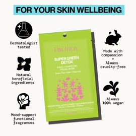 Pacifica Super Green Detox Sheet Mask – 6-PACK Charcoal, Kale & Clay Pore Cleansing Mask for Oily, Blemish-Prone Skin, Deep Detox Facial Mask, Vegan