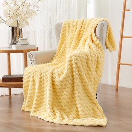 Vessia Flannel Fleece Twin Blanket, 3D Jacquard Light Yellow Fuzzy and Warm Blanket for Couch, Sofa, Bed, 300GSM Super Soft Touch Cozy Home Decor for All Seasons (60x80 inches)