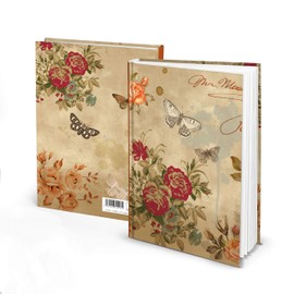 Vintage Nostalgia in Brown Beige Red Floral with Rose Flower and Butterfly Book A5 Plain Notebook with 136 Pages Hard Cover High Quality Journal Gift Book