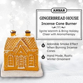Anbar Backflow Incense Cone Burner Log Cabin, Gingerbread House, Christmas, Fall, Winter, Seasonal, and Holiday Home Decor, Decorative Living Room, Bedroom, or Kitchen Ornament (Gingerbread House)