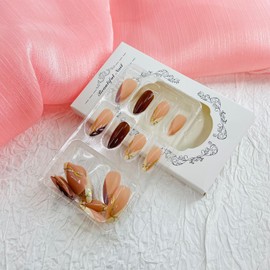 French Press on Nails Medium Almond Fake Nails with Designs Gold Glue on Nails Leaf False Nails Retro Red Acrylic Nails Glossy Artificial Nails Full Cover Stick on Nails for Coquette Women