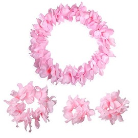 CISMARK Hawaiian Luau Flower Leis Jumbo Necklace Bracelets Headband Set, rose