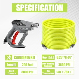 M MINGLE Sewer Jetter Kit for Pressure Washer 200 FT, Drain Cleaner Hose with Power Washer Gun, 1/4 Inch NPT Corner Rotating and Button Nose Sewer Jetting Nozzle, Orifice 4.0, 4.5