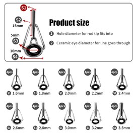 Lechengjia 40pcs Fishing Rod Tip Repair Kit, 1.6-3.2mm Stainless Steel Rod Tip Replacement with Plastic Box Fishing Rod Ceramic Guide Rings for Freshwater Saltwater Fishing Lovers (Black, 10 Sizes)