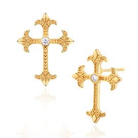 FETTERO Gold Cross Earrings 14K Gold Plated Sterling Silver Posts Cross Earrings for Women Dainty Wear Trendy Faith Cubic Zirconia Cross Studs Jewelry - Byzantine Iris Cross