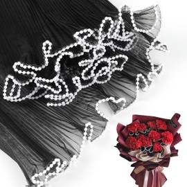 KIMOBER 4.3 Yards Black Flower Wrapping Mesh Paper,Pearl Edge Wrinkled Wavy Net Yarn Flower Wrapping Mesh Paper for Valentine's Day Mother's Day Wedding Florist Supplies(Black)