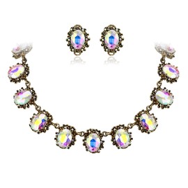 Clearine Victorian Style Statement Necklace and Earrings Jewellery Set for Women Cameo Inspired Oval Crystal Jewellery Set for Women Party Prom Jewellery Emerald Green Antique Gold Tone, Crystal