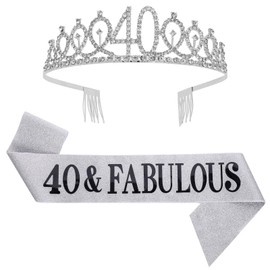SUSSURRO "40 and Fabulous Sash and Rhinestone Tiara Set,40th Birthday Gifts Birthday Sash for Women Birthday Party Supplies( Silver)