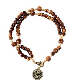 Catholica Shop St Benedict Medal Wooden Beads Corded Rosary Bracelet for women and men. Made in Brazil.