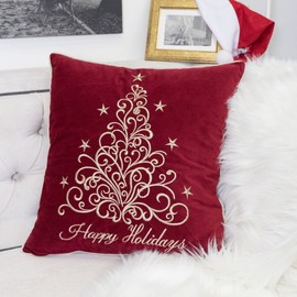 Homey COZY Embroidery Red Velvet Throw Pillow Cover, Merry Christmas Series Floral Tree Luxury Soft Fuzzy Cozy Warm Slik Decorative Gift Square Couch Cushion Pillow Case 20 x 20 Inch, Cover Only