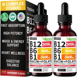 (2 Pack) Vitamin B12 and B6 Liquid Drops, B12 Sublingual Vitamin B Complex - B 12 Vitamin 5000mcg - B12 Methylcobalamin for Energy, Brain, and Heart Support with 27,200 mcg, Raspberry, (80 Servings)