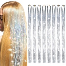 Hair Tinsel Silver 50inch 8packs 1600 Strands Tinsel Hair Extensions Shiny Hair Accessories Sparkling Fairy Glitter Hair Extension for Women Girls Kids(50",Silver)