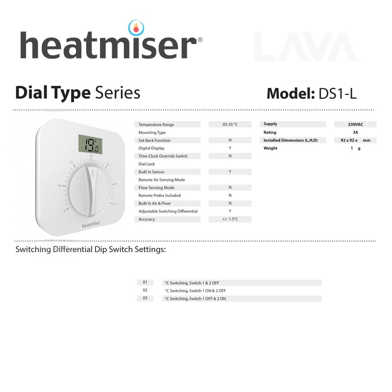 Heatmiser DS1-L V2 Dial Room Thermostat LCD Temperature Display 230v