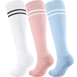 Blicount Compression Socks Women&Men Cotton with Grips Non-Slip 15-20 mmHg Knee High Support Sock for Nurse, Pregnant Women, Travel, Yoga, Pink, White, Blue