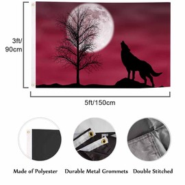 Swono Howling Wolf Flag 3x5 ft Dark Cloudy Night Round Moon Tree Hillside Animal Big Flag for Outdoor Indoor Office Workplace Home Garden Business