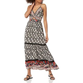 Angie Women's SPAG Strap DEEP Vneck Maxi Dress with Center Cutout, Black, Large