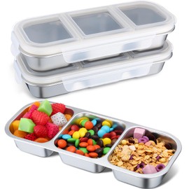 e esscopro 3 Pack Stainless Steel Snack Containers Reusable 20 oz 3 Compartment Bento Lunch Condiment Box with White Lids Divided Food Storage Containers for Office, Home, Daycare, Travel