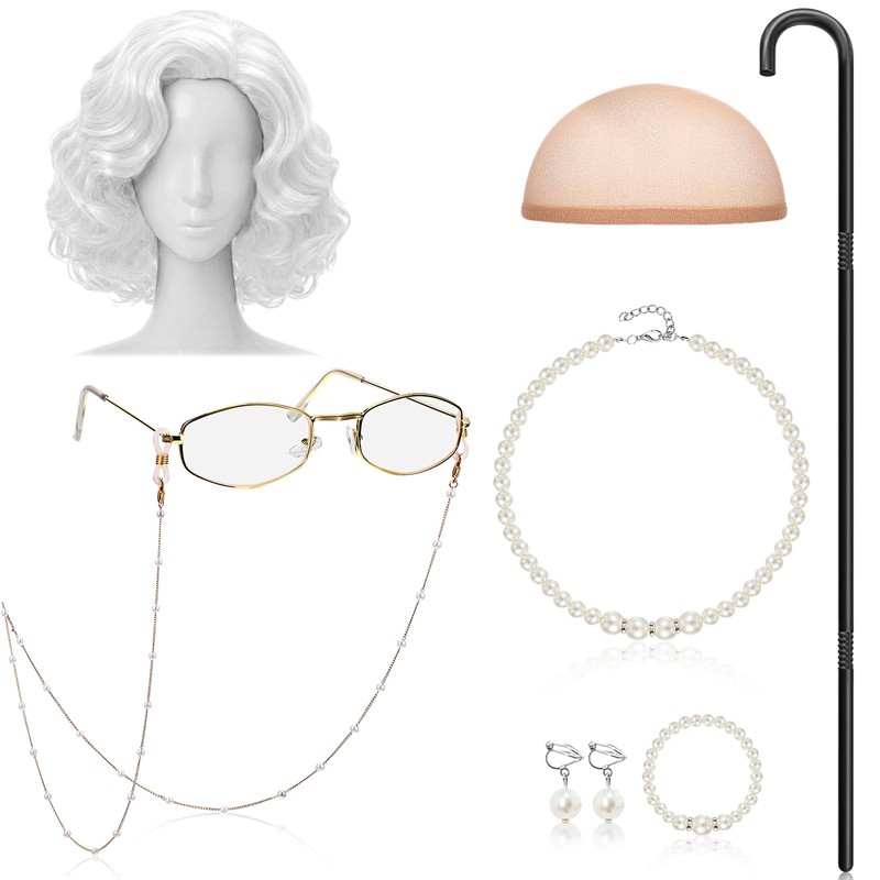 Gejoy 8 Pcs Old Lady Costume for Women, Grandma Wig