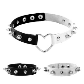Tosmifairy 3 Pieces Leather Choker Collar and Bracelets Combo Punk Rock Gothic Jewelry Set Emo Costume Accessories for 80s 90s Vintage Womens Men (Black-White-Heart)