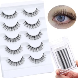 DSLONG 5 Pairs Natural Look D Curl Lashes With 18PCS Self Adhesive Eyelashes Strips, Manga Lashes Fluffy Cat Eye Lashes Looks Like Eyelash Extensions (Natural Look)