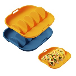Silicone Taco Holders Plates Set of 2, 10'', Non-Slip/Non-Stick/Reusable Handhold Plates with dividers, Dishwasher Microwave Oven Safe for Meal Prep Accessories & Family Dinner & Grill Outdoor
