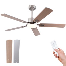 KENSID 52 Inch Ceiling Fans with Lights and Remote,Low Profile Modern Ceiling Fan with Light for Bedroom,5 Blade,3 Color LED Light,Reversible 6 Speeds,Memory Function,Quiet DC Motor,Brushed Nickel