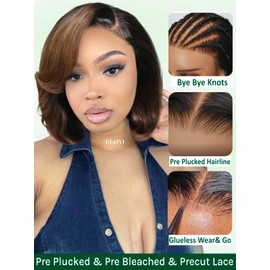 KLAIYI Ombre Brown Layered Bob Wig Human Hair Bye Bye Knots Glueless Wigs Pre Cut 7x5 Lace Front Pre Plucked Bleached Drawstring Ready to Wear and Go Wig with Dark Roots Chestnut Brown Straight 12Inch
