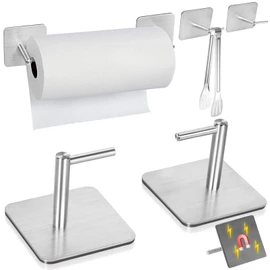 Wowfill Kitchen Paper Holder, Magnet, Fine Paper Holder, Paper Towel Holder, Fridge, 304 Stainless Steel, Kitchen Storage, One-Handed Cut, Adjustable (4 Pieces - Magnet-Silver)