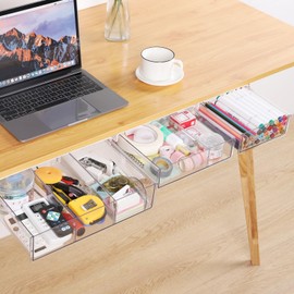 OTraki Under Desk Drawer Organizer, 3 Packs Clear Plastic Under Desk Storage with Slide Out Drawer, Under Desk Shelf Holder for Pen Makeup in Home Office Dorm, With Self-Adhesive (Small/Medium/Large)