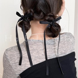 Herbeluemily Hair Accessory Ribbon Hair Clip 2-Piece Set Hair Ornament Ribbon Clip Ribbon Pin Hair Arrangement Black HM-0168-R01-BK