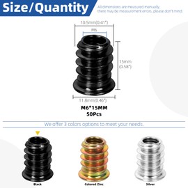 Glarks 50pcs Black M6 x 15mm Threaded Inserts Nuts, Carbon Steel Hex Socket Drive Nut Inserts for Bed Frames, Boards, Wood Furniture Bolt Fastener