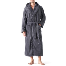 DAVID ARCHY Men's Soft Plush Coral Fleece Robe Full Length Hooded Long Bathrobe for Men with Hood (L, Dark Gray)