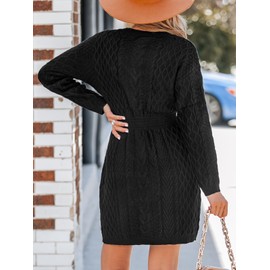 CUPSHE Women Long Sleeve Midi Sweater Dress Loose Cable Knit Pullover 2024 Trendy Fall Outfits M Black