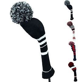 Amy Sport, Golf Head Covers Knitted Woods Driver Fairway Hybrid Pom Pom Head Cover Blue Pink Black Washable Soft Kint Headcover Sold in Separate (Black&White Stripes, 1 Driver)