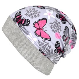 Wollhuhn Eco Lightweight Girls' Beanie Hat, Elastic Cuffs (Made of Eco Fabrics, Organic) 2222222 (Butterflies Grey/Pink, XS), Butterflies grey-pink