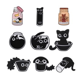 SSyang Pack of 9 Black Cat Pin Badges, Pins for Bags, Pins Pins, Black Cat, Pin Badge, Enamel Pin, Cute Pins, Anime Pins, for Jackets, Backpacks and Clothing, Metal, Alloy