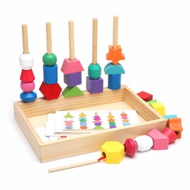 HENGBIRD Threading Game 3-in-1Montessori Toy Sorting Game Motor Skills Toy Wooden Sorting and Stacking Toy Gift Ideas for 3 4 5 Years Children Toy