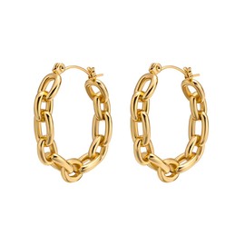 18k Gold Hoop Charm Earrings Dainty Stainless Steel Paperclip Link Chain Hoop Earrings Lightweight Hypoallergenic Huggie Hoops Earring Chunky Hoops Statement Earring Trendy Jewelry, Large, Stainless