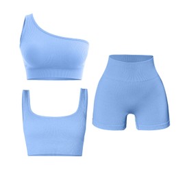 QINSEN - Conjunto de 3 camisetas sin mangas para mujer, sin costuras, cintura alta, pantalones cortos, Azul, L