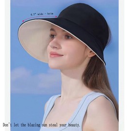 Sun Hats for Womens Wide Brim UV Protection Fishing Hats Packable Reversible Hollow Top Sun Hat for Women onytail Black (US, Alpha, One Size, Black)