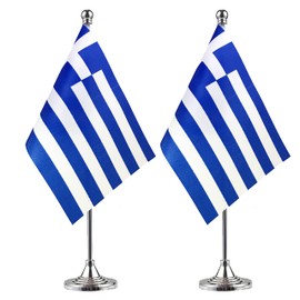 WXTWK 2 Pack Greece Flag Greek Desk Flag Small Mini Greek Table Flags With Stand Base,Home Office Festival Events Celebration Decorations