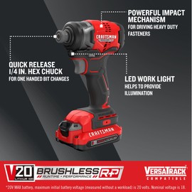 CRAFTSMAN V20 1/4 Inch Cordless Impact Driver Kit with Battery and Charger (CMCF813C1)