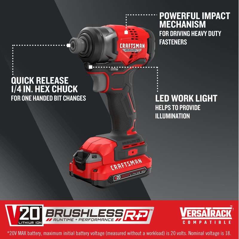 CRAFTSMAN V20 1/4 Inch Cordless Impact Driver Kit with Battery
