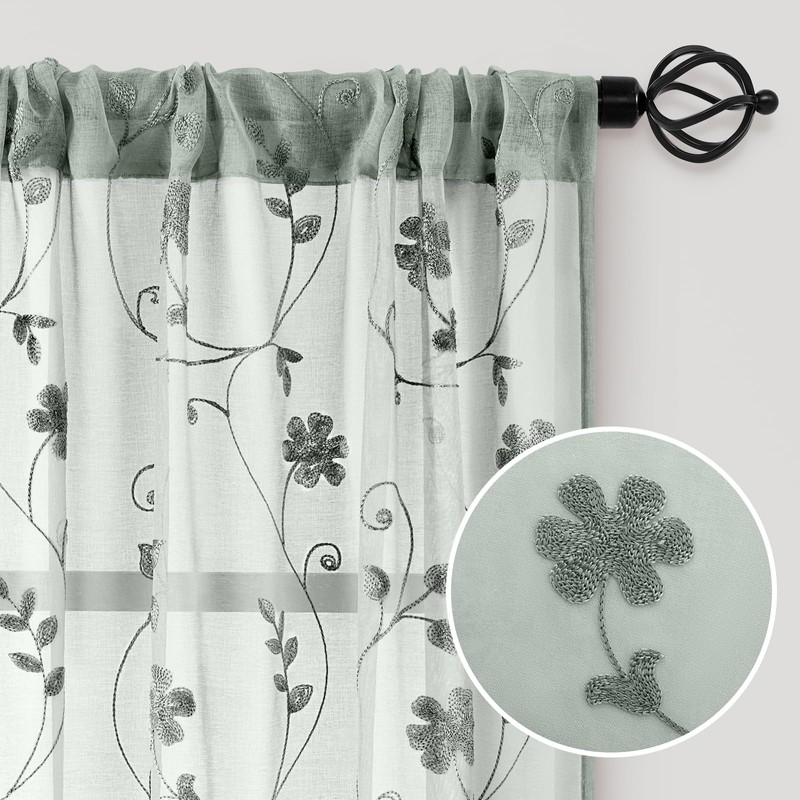 HOMEIDEAS Sage Green Sheer Curtains 84 Inches Long 2 Panels