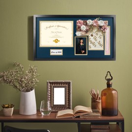 Hodeframe 14x26 Black Shadow Box Diploma Frame with Graduation Cap & Tassel Holder for 8.5x11 Diploma and 4x6 Photo with MDF Wood and Plexiglass, Navy Over Gold Mat for Wall, Graduation Keepsakes