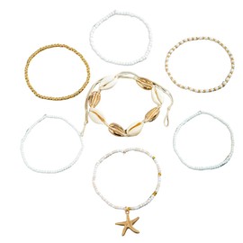 Bohemia Shell Charm Pendant Anklet Set, 1 Set 7 Pieces Adjustable Shell Bracelets Anklets, Braided String Pearl Beaded Ankle Bracelet, Boho Beach Jewelry, for Women and Girls, Multi-color