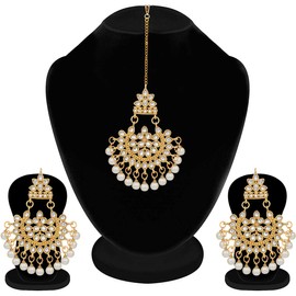 Aheli Elegant Indian Traditional Wedding Kundan Beaded Maang Tikka with Earrings Set Gift for Women Ethnic Bollywood Party Jewelry