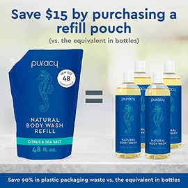 Puracy Natural Body Wash Refill, Sulfate-Free Shower Gel and Daily Cleanser, Citrus and Sea Salt, 64 Ounce Pouch