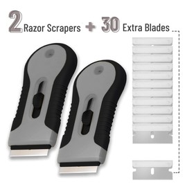 Bates- Razor Blade Scraper Tool Set, 2 Pack, Black & Gray, 30 Extra Stainless Steel Blades, Anti-Slip Ergonomic Handle Design, Razor Scraper Tool for Glass